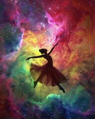 The silhouette of a dancer set against a backdrop of a vivid, colorful nebula, illustrating surreal beauty