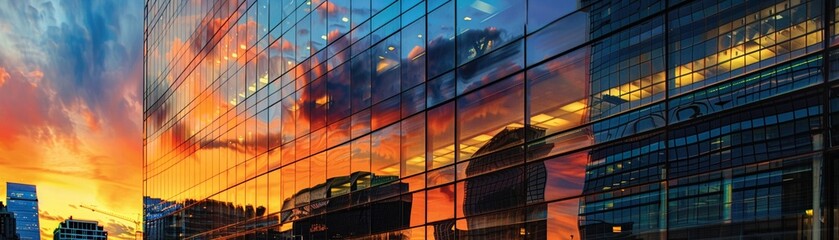 The sun dips below the horizon, casting a fiery glow on a glass building in the midst of construction, a symbol of urban growth