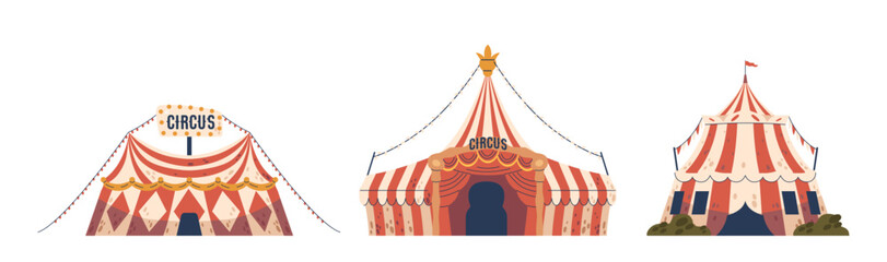Circus Tents, Grand And Colorful Marquee Domes, Housing Marvels Within, Echoing With Laughter, Vector Illustration