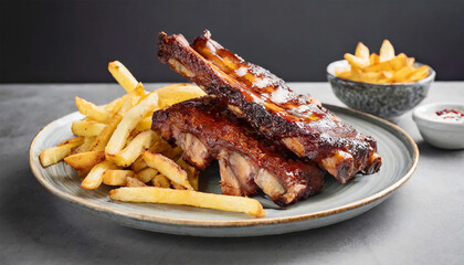 BBQ ribs with crispy potato fries on a plate, tender pork ribs. AI