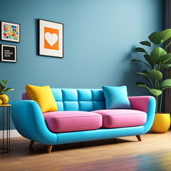 3d cartoon living room interior design with sofa and couch pink yellow blue cosy