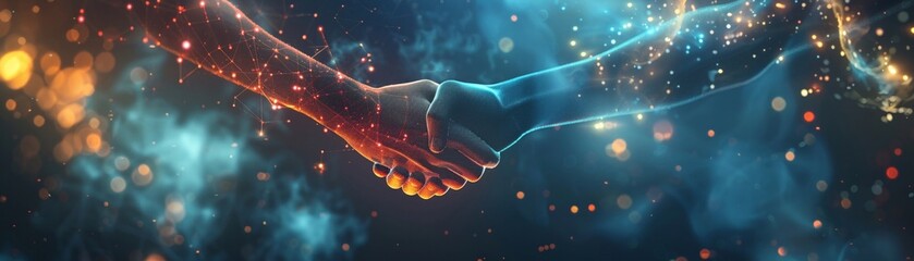 Two professionals engage in a digital handshake, symbolizing a network connection and the start of a new collaborative project - obrazy, fototapety, plakaty