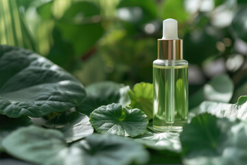 Glass dropper bottle with serum or essential oil on green leaves background