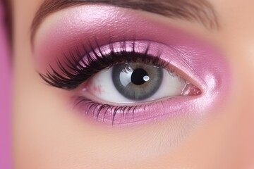 A woman's eye is painted with pink and purple eyeshadow