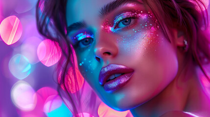 Obraz premium Primo piano delle labbra di una persona con un trucco al neon colorato sotto una luce intensa, Bella ragazza sexy, trucco luminoso alla moda, labbra d'argento metallico