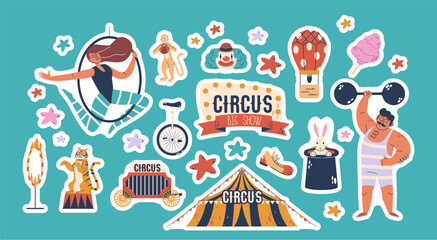 Vector Stickers Set With Circus Artists, Animals And Objects. Amusement Show Clown, Marquee, Strongman And Gymnast