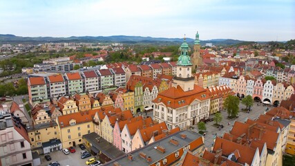 Aerial view of Jelenia Góra's market square and 18th-century town hall.