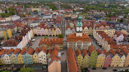 Panoramic aerial image of Jelenia Góra's market square and 18th-century town hall.