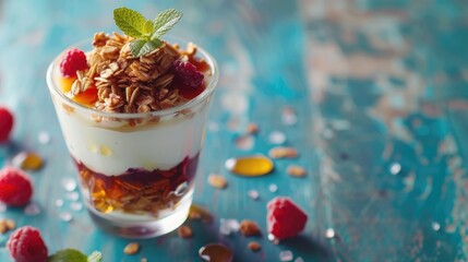 A glass of yogurt with granola and raspberries on a wooden table