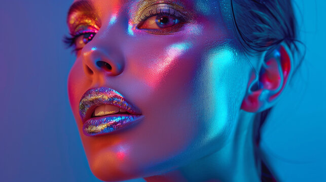 Primo piano delle labbra di una persona con un trucco al neon colorato sotto una luce intensa,  Bella ragazza sexy, trucco luminoso alla moda, labbra d'argento metallico