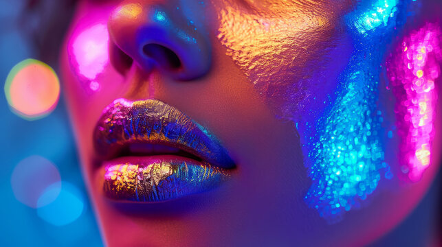 Primo piano delle labbra di una persona con un trucco al neon colorato sotto una luce intensa,  Bella ragazza sexy, trucco luminoso alla moda, labbra d'argento metallico
