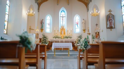 Fototapeta na wymiar Interior attributes and furnishings of a catholic church for a comprehensive view