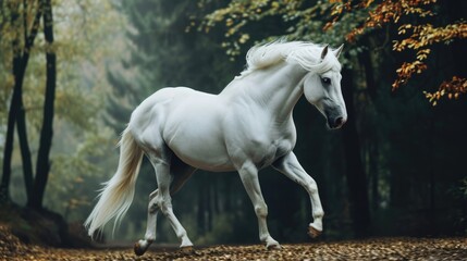 Obraz na płótnie Canvas A white horse is running through a forest
