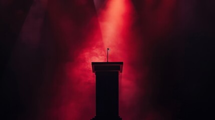 A red light shines from behind a podium, creating a striking silhouette against a dark background - Powered by Adobe