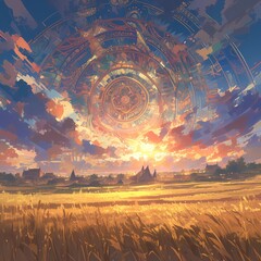 A captivating sunrise paints the sky over a vast wheat field, while an intricate mystical circle glows in the background, evoking a sense of wonder and mystery. - obrazy, fototapety, plakaty