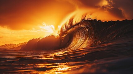 A large wave rolls through the ocean at sunset, illuminated by golden light