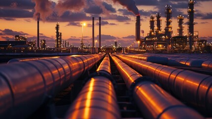 A commercial factory with a multitude of pipes in the foreground, illuminated by soft golden light at dusk