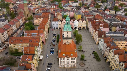 Drone shot showcasing Jelenia Góra's marketplace and historic town hall.