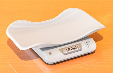 Digital Baby Scale with Safe and Comfortable Tray on the wooden table. 3D rendering