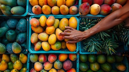 A persons hand reaching for a ripe mango displayed at a vibrant fruit stand in a market setting