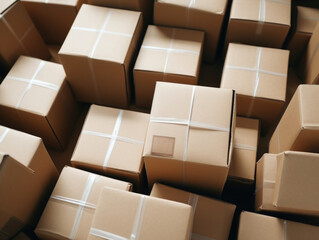 A stack of cardboard boxes with a white label on the top