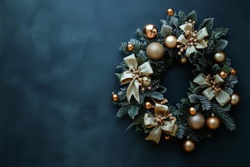Festive Christmas Wreath Adorned With Golden Baubles and Pine Cones on a Dark Background