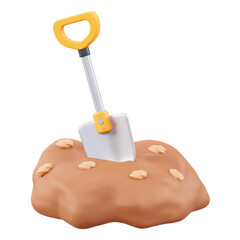 3D rendered shovel in mound of earth on transparent background