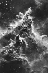A black and white photo of a starry sky with a large cloud that looks like a mou