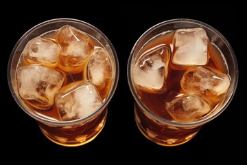 Two glasses of iced tea with ice cubes in them