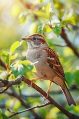 A small brown bird is perched on a branch of a tree