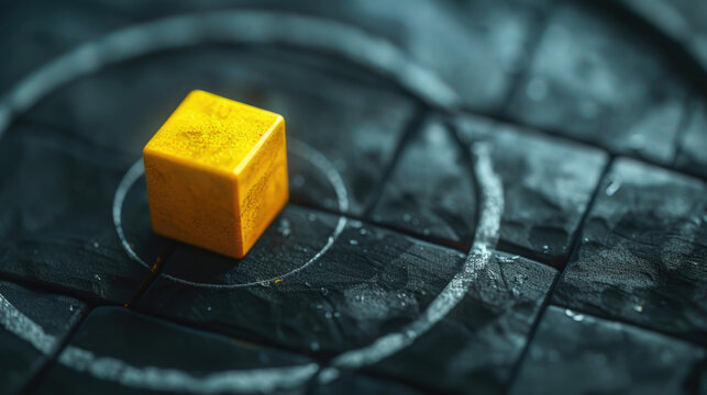 A yellow cube is sitting on a black surface