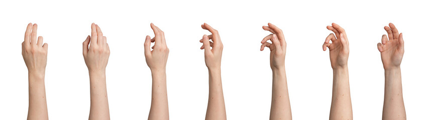 Female hand gestures. Rotation, spinning motion. White background. Isolated icon set showing,...