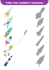 Find the correct shadow. Space rockets. Shadow matching game. Cartoon, vector