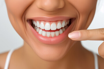 Obraz premium Closeup of woman smiling and pointing at teeth with finger on white background.