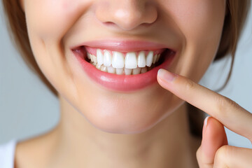 Closeup of woman smiling and pointing at teeth with finger on white background.