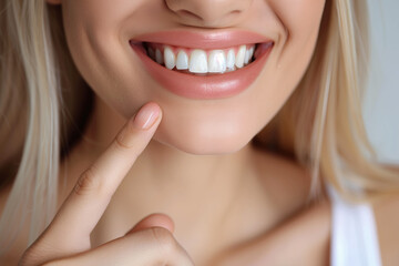 Obraz premium Closeup of woman smiling and pointing at teeth with finger on white background.