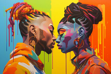 two romantic portraits of rainbow painted couple on a colorful painting, in the style of hip hop aesthetics, 