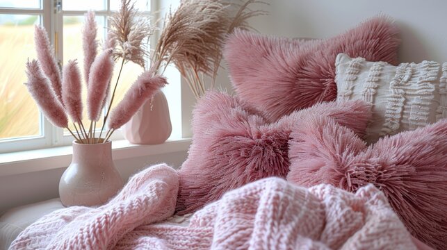   A pillows-close-up lies on a bed, adorned by a pink blanket Nearby stands a vase filled with dried grass