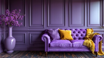   A purple couch resides in a living room, adjacent to a vase holding purple flowers The back of the couch is covered by a yellow blanket
