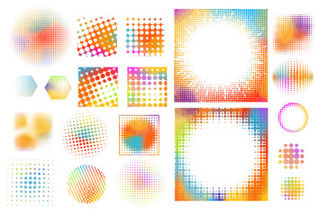 Set of colored halftone dots curved gradient pattern texture isolated on white background. Not AI, Curve dotted spots using halftone circle dot texture collection. Vector blot half tone collection.