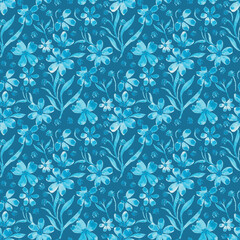 Hand drawn, watercolor, seamless blue floral pattern