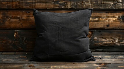   A black pillow rests atop a weathered wooden floor In front of it, a wooden wall extends Behind the scene, a slatted wooden wall is visible - obrazy, fototapety, plakaty
