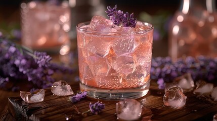   A glass, filled with ice and topped with lavender sprigs, sits on a weathered wooden table Nearby, two empty glasses of water wait - obrazy, fototapety, plakaty
