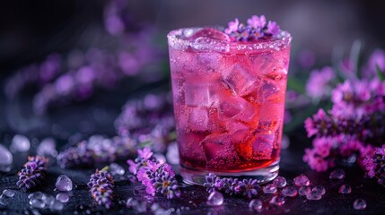   A tight shot of a drink in a glass, filled with ice and surrounded by purple flowers against a black table Water droplets adorn the rim - obrazy, fototapety, plakaty