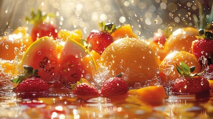   Oranges and strawberries splash in a sunlit pool of water