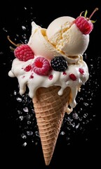 Ice cream with raspberry and blackberry on ice cream cone on black background.