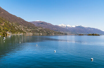 Landscape of Lake Maggiore with Brissago Islands surround of Swiss alps in canton Ticino, Brissago, Switzerland