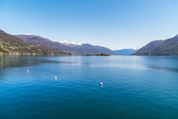 Landscape of Lake Maggiore with Brissago Islands surround of Swiss alps in canton Ticino, Brissago, Switzerland