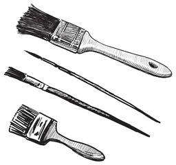 Paintbrush artistic oil painting tool objects  profession creative, set sketch black and white hand drawn vector illustration isolated on white