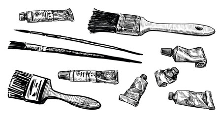Paintbrushes,paint tubes artistic oil painting tool objects professional creative set sketch black and white hand drawn vector illustration isolated on white